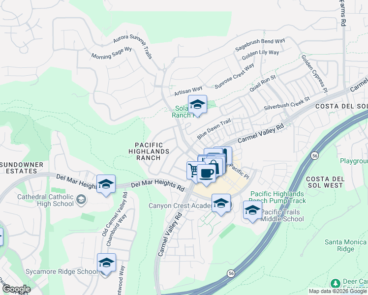 map of restaurants, bars, coffee shops, grocery stores, and more near 13557 Pacific Highlands Ranch Parkway in San Diego