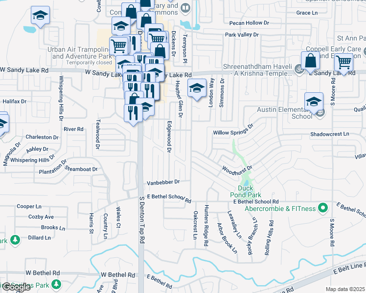 map of restaurants, bars, coffee shops, grocery stores, and more near 240 Heather Glen Drive in Coppell