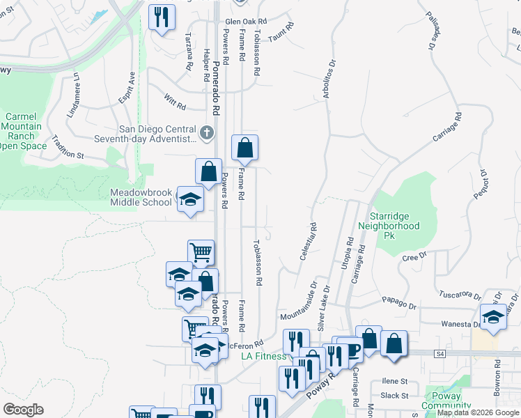 map of restaurants, bars, coffee shops, grocery stores, and more near 13755 Tobiasson Road in Poway