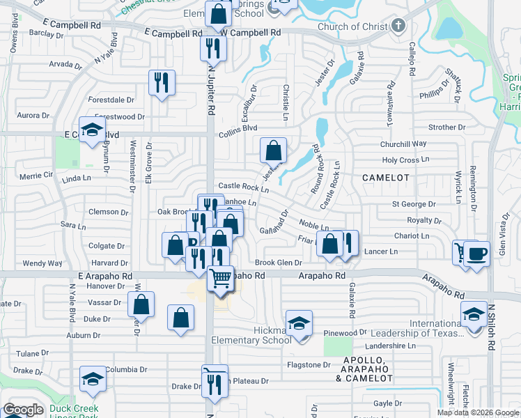 map of restaurants, bars, coffee shops, grocery stores, and more near 3326 Ivanhoe Lane in Garland