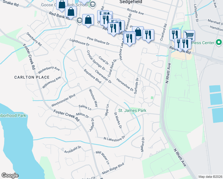 map of restaurants, bars, coffee shops, grocery stores, and more near 510 Bayshore Boulevard in Goose Creek
