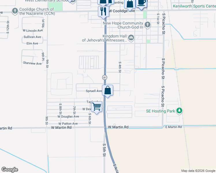 map of restaurants, bars, coffee shops, grocery stores, and more near 1531 South Arizona Boulevard in Coolidge