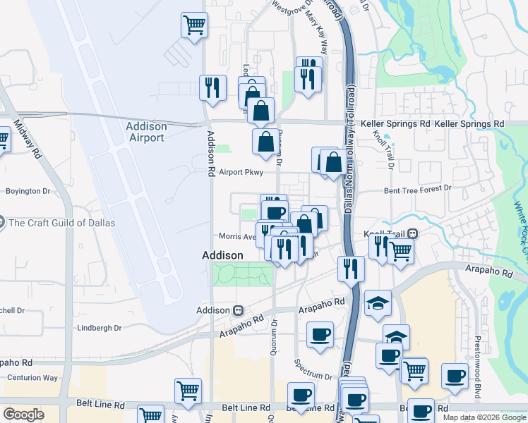 map of restaurants, bars, coffee shops, grocery stores, and more near 15777 Quorum Drive in Addison