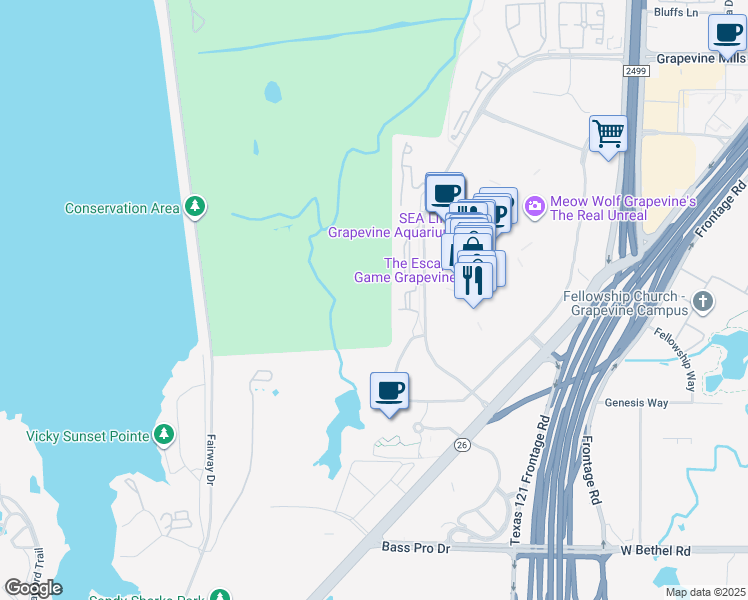 map of restaurants, bars, coffee shops, grocery stores, and more near 2511 Anderson Gibson Road in Grapevine