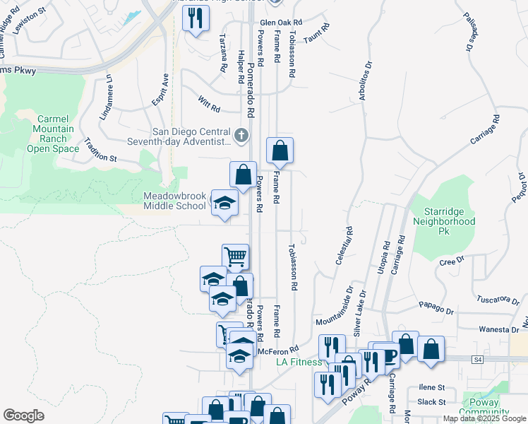 map of restaurants, bars, coffee shops, grocery stores, and more near 13751 Powers Road in Poway