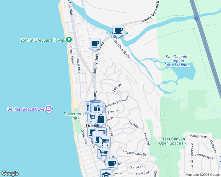 map of restaurants, bars, coffee shops, grocery stores, and more near 393 Bellaire Street in Del Mar