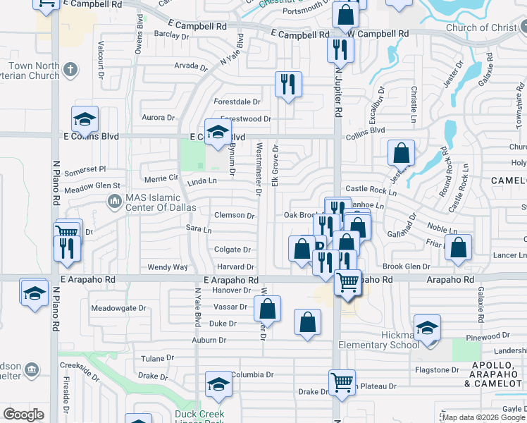 map of restaurants, bars, coffee shops, grocery stores, and more near 1310 Westminster Drive in Richardson