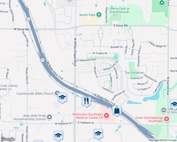 map of restaurants, bars, coffee shops, grocery stores, and more near 1801 North White Chapel Boulevard in Southlake
