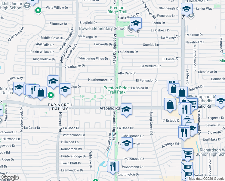 map of restaurants, bars, coffee shops, grocery stores, and more near 15751 Mapleview Circle in Dallas