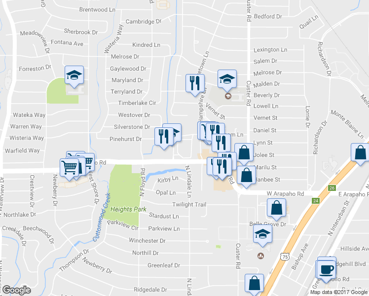 map of restaurants, bars, coffee shops, grocery stores, and more near 600 West Arapaho Road in Richardson