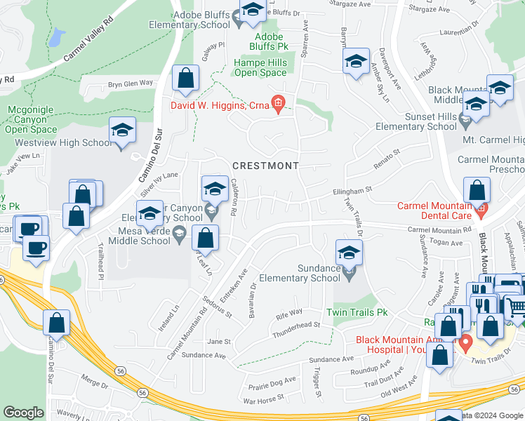 map of restaurants, bars, coffee shops, grocery stores, and more near 13465 Bidwell Court in San Diego