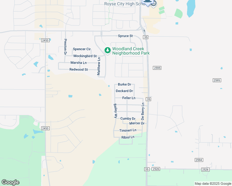 map of restaurants, bars, coffee shops, grocery stores, and more near 1021 Peach Street in Royse City