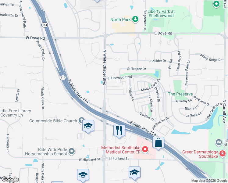 map of restaurants, bars, coffee shops, grocery stores, and more near 1801 North White Chapel Boulevard in Southlake