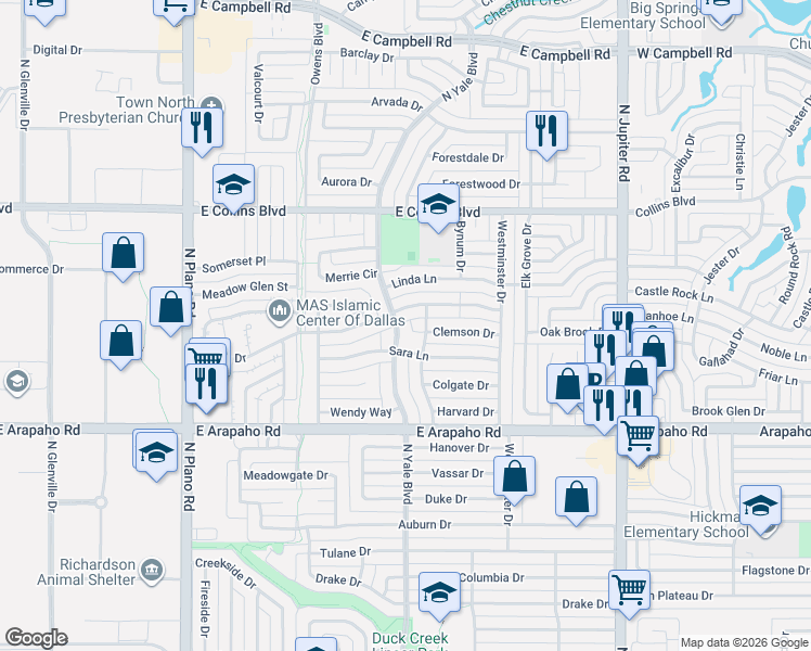 map of restaurants, bars, coffee shops, grocery stores, and more near 1304 North Yale Boulevard in Richardson