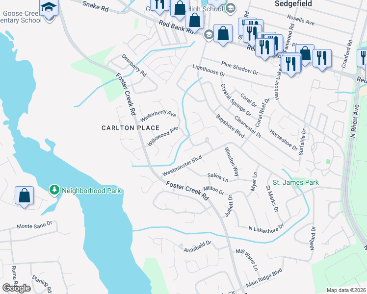 map of restaurants, bars, coffee shops, grocery stores, and more near 1608 Whisper Way in Goose Creek