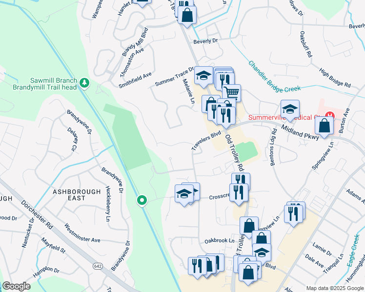 map of restaurants, bars, coffee shops, grocery stores, and more near 113 Summer Ridge Dr in Summerville
