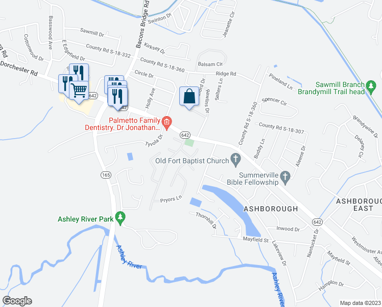 map of restaurants, bars, coffee shops, grocery stores, and more near 201 Glebe Road in Summerville