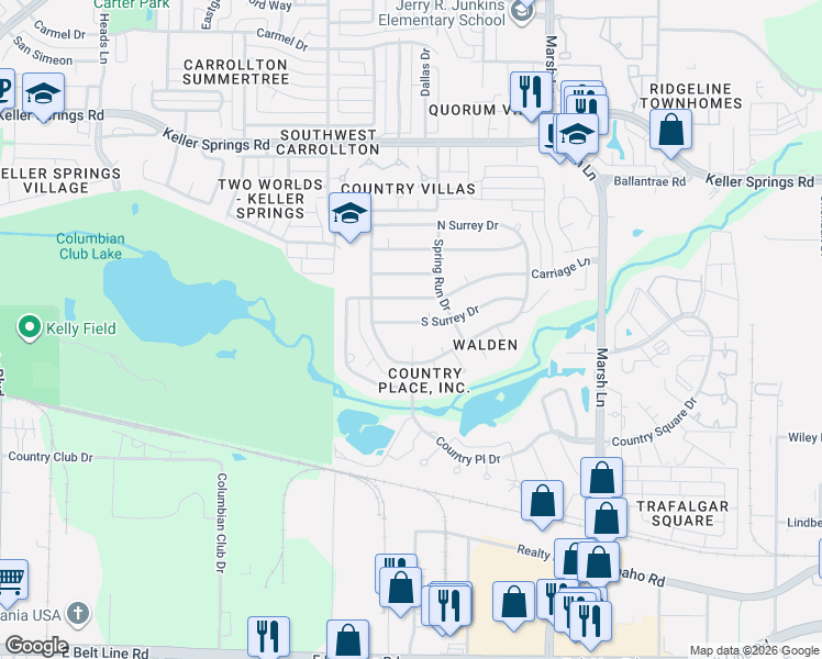 map of restaurants, bars, coffee shops, grocery stores, and more near 2708 South Surrey Drive in Carrollton