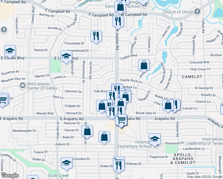 map of restaurants, bars, coffee shops, grocery stores, and more near 2113 Oak Brook Drive in Richardson