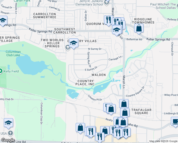 map of restaurants, bars, coffee shops, grocery stores, and more near 2718 South Surrey Drive in Carrollton