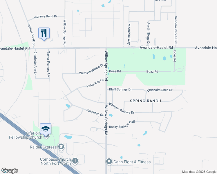 map of restaurants, bars, coffee shops, grocery stores, and more near 1408 Bluff Springs Drive in Haslet