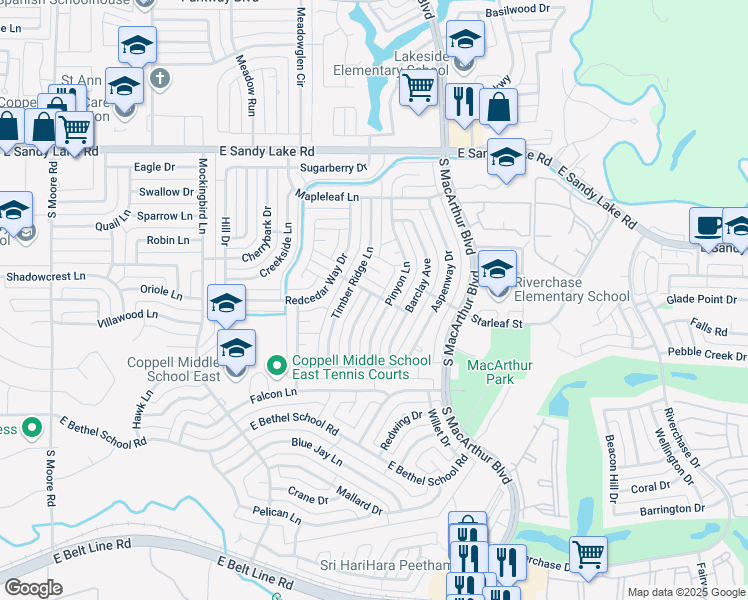 map of restaurants, bars, coffee shops, grocery stores, and more near 302 Pepperwood Street in Coppell
