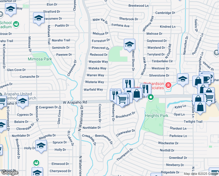 map of restaurants, bars, coffee shops, grocery stores, and more near 1114 Woodland Way in Richardson