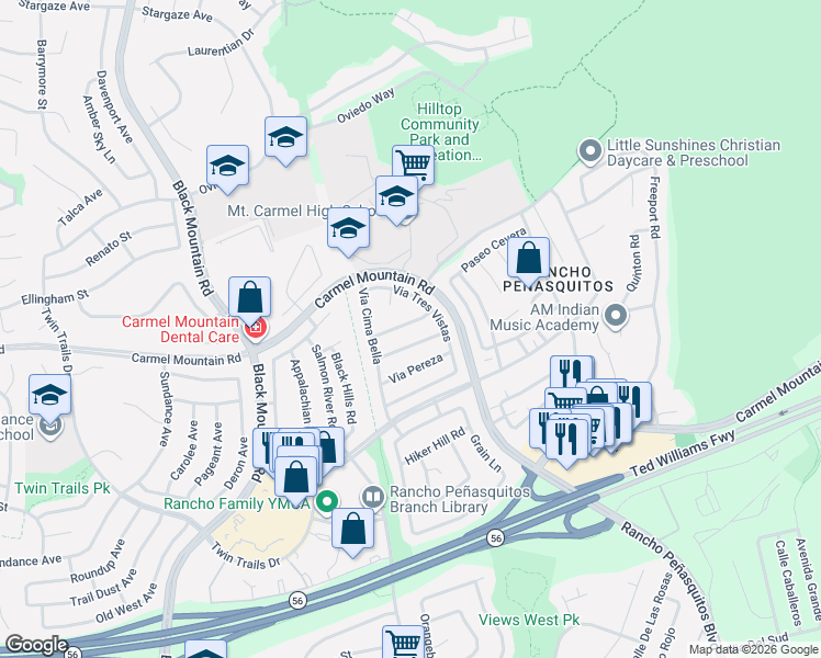 map of restaurants, bars, coffee shops, grocery stores, and more near 9582 Vista Tercera in San Diego