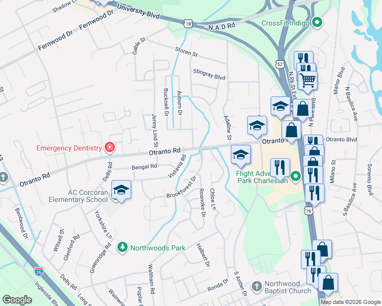 map of restaurants, bars, coffee shops, grocery stores, and more near 2379 Otranto Road in North Charleston