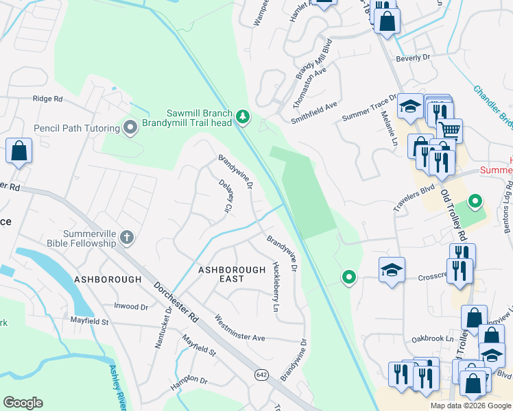 map of restaurants, bars, coffee shops, grocery stores, and more near 206 Brandywine Drive in Summerville
