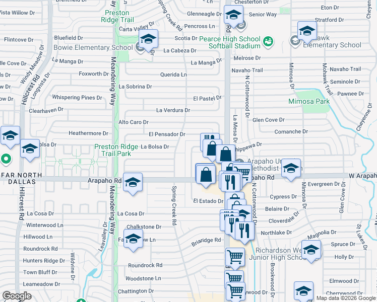map of restaurants, bars, coffee shops, grocery stores, and more near 15783 El Estado Drive in Dallas