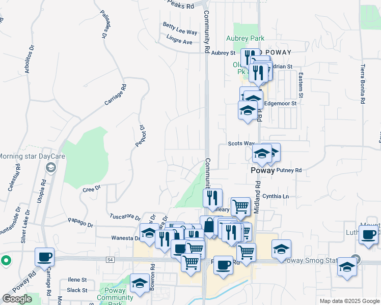 map of restaurants, bars, coffee shops, grocery stores, and more near 13329 Olive Grove Drive in Poway