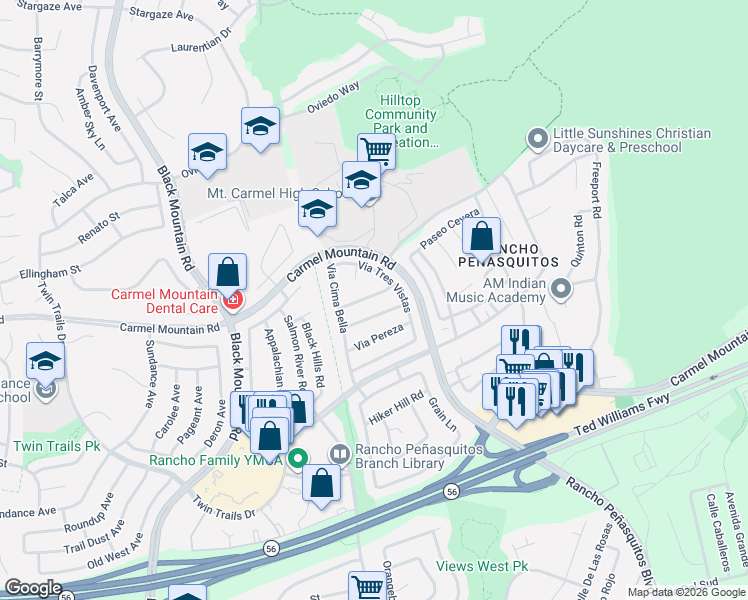 map of restaurants, bars, coffee shops, grocery stores, and more near 9582 Vista Tercera in San Diego