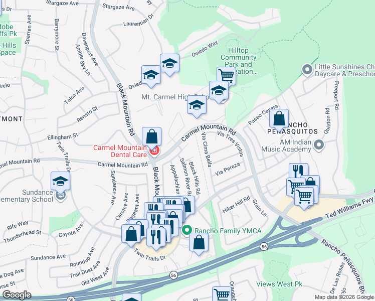 map of restaurants, bars, coffee shops, grocery stores, and more near 9446 Black Hills Court in San Diego