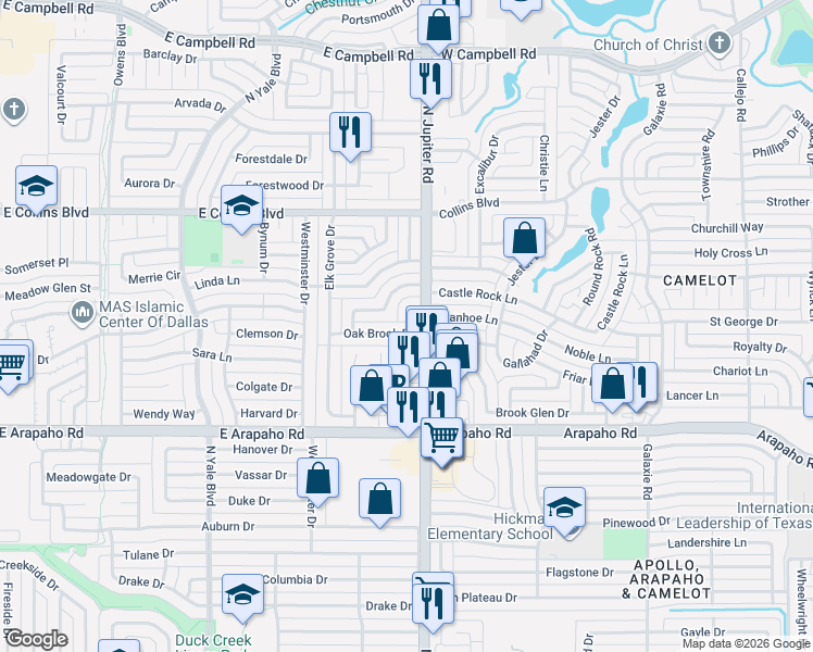 map of restaurants, bars, coffee shops, grocery stores, and more near 2113 Oak Brook Drive in Richardson