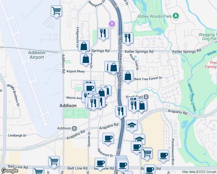 map of restaurants, bars, coffee shops, grocery stores, and more near 15800 Spruill Avenue in Addison