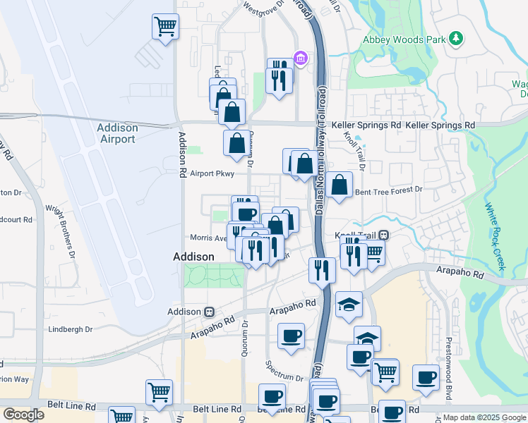 map of restaurants, bars, coffee shops, grocery stores, and more near 5021 Parkview Place in Addison