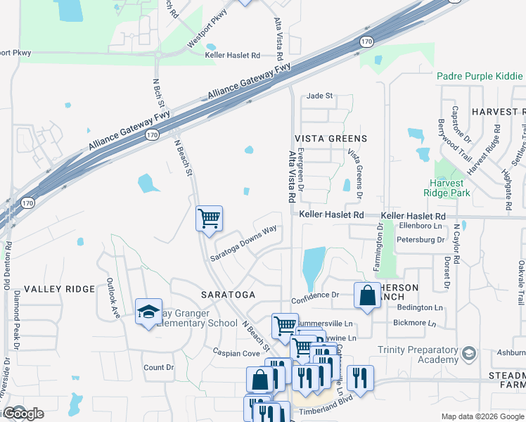 map of restaurants, bars, coffee shops, grocery stores, and more near 3653 Jockey Drive in Fort Worth