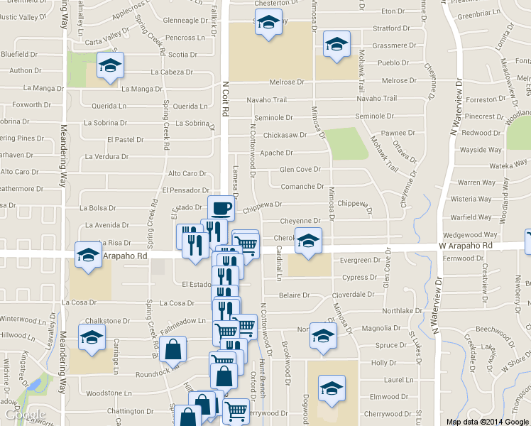 map of restaurants, bars, coffee shops, grocery stores, and more near 1116 N Cottonwood Dr in Richardson