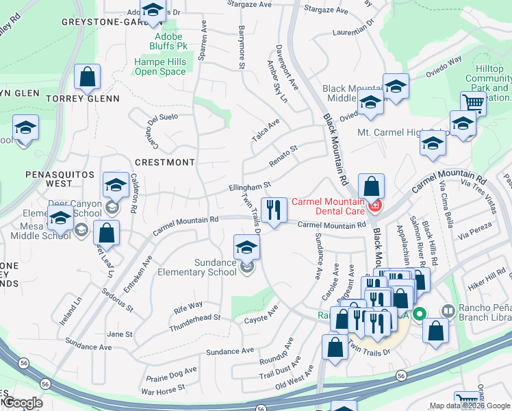 map of restaurants, bars, coffee shops, grocery stores, and more near 8825 Twin Trails Drive in San Diego