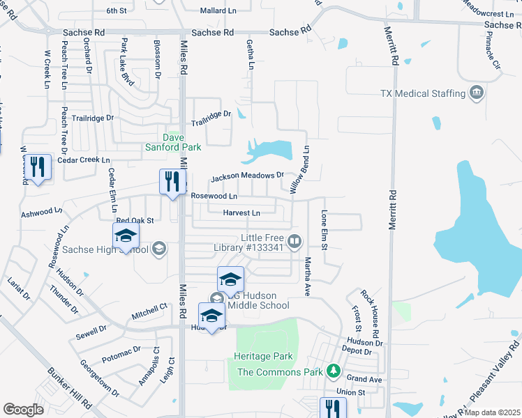 map of restaurants, bars, coffee shops, grocery stores, and more near 4615 Harvest Lane in Sachse