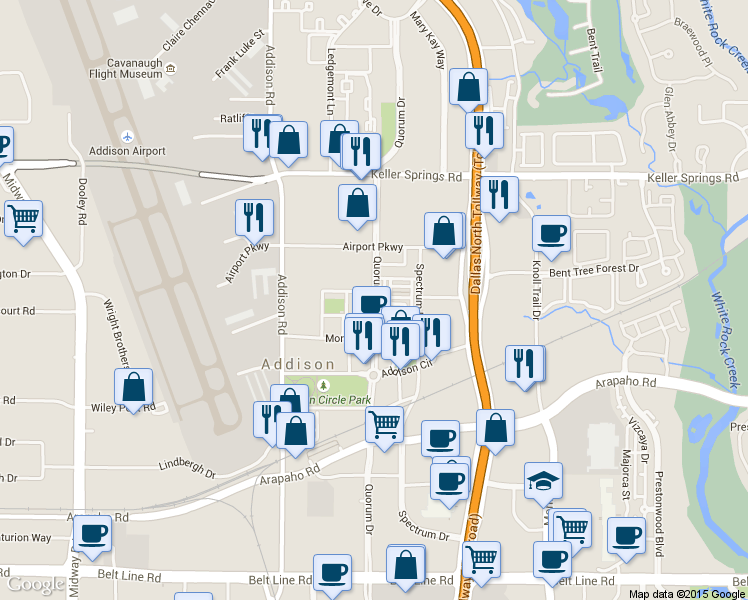 map of restaurants, bars, coffee shops, grocery stores, and more near 15777 Quorum Drive in Addison