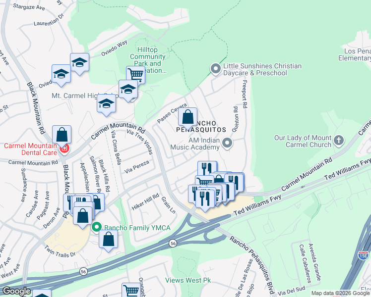 map of restaurants, bars, coffee shops, grocery stores, and more near 9937 Via Monzon in San Diego