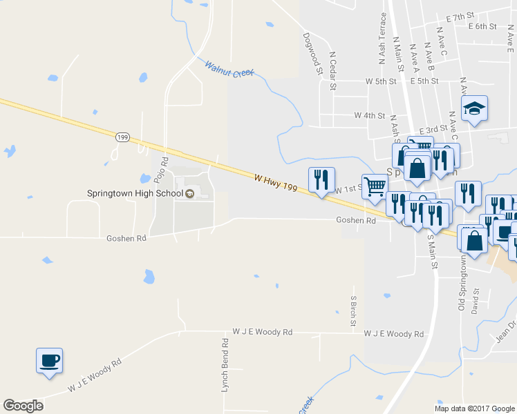 map of restaurants, bars, coffee shops, grocery stores, and more near 600 Goshen Road in Springtown