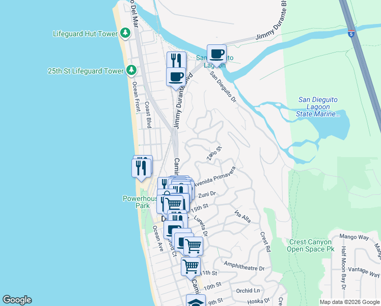 map of restaurants, bars, coffee shops, grocery stores, and more near 1807 Seaview Avenue in Del Mar