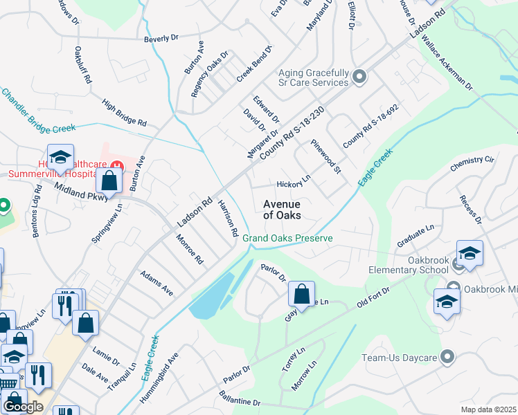 map of restaurants, bars, coffee shops, grocery stores, and more near 103 Angel Oaks Court in Ladson