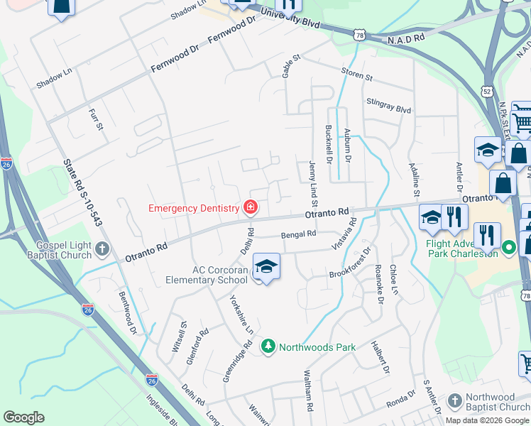 map of restaurants, bars, coffee shops, grocery stores, and more near 2592 Otranto Road in North Charleston