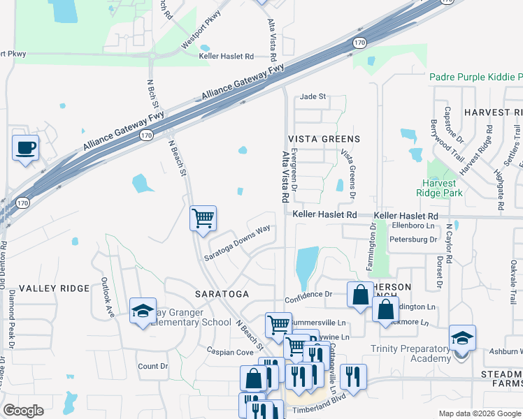 map of restaurants, bars, coffee shops, grocery stores, and more near 3653 Jockey Drive in Fort Worth