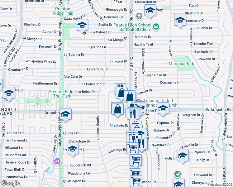 map of restaurants, bars, coffee shops, grocery stores, and more near 15828 El Estado Drive in Dallas