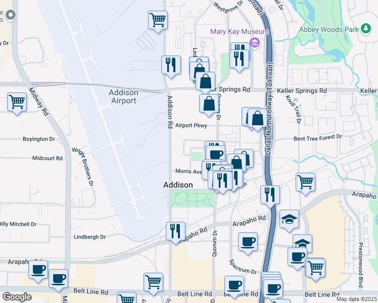 map of restaurants, bars, coffee shops, grocery stores, and more near 15801 Artist Way in Addison